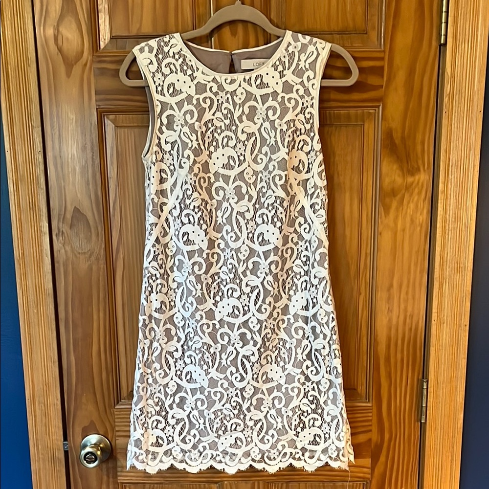 LOFT Cream Sheath Mini Dress Sleeveless Crew Neck
